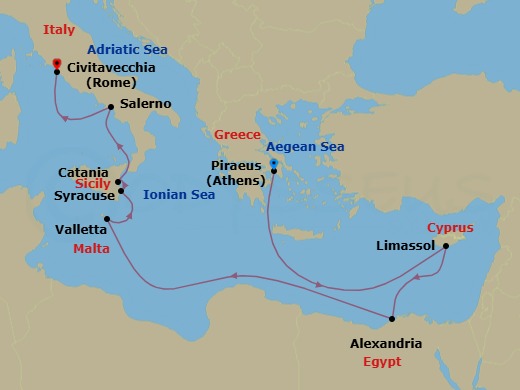 14 Night - Egypt, Malta & Italy Cruise : Alexandria, Valletta & Amalfi - Azamara Onward - Starting in Athens (Piraeus), Limassol, Alexandria EG (Cairo), Egypt, Valletta, Siracusa, Sicily, Catania, (Sicily), Amalfi Coast (Salerno), Rome (Civitavecchia) itinerary map