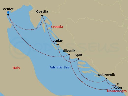 7 Night - Croatia Intensive Cruise : Zadar, Split & Dubrovnik - Azamara Onward - Starting in Venice, Opatija, Zadar, Split, Dubrovnik, Croatia, Kotor, Sibenik, Venice itinerary map