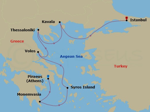 7 Night - Greece Intensive Cruise : Monemvasia, Volos & Thessaloniki - Azamara Journey - Starting in Athens (Piraeus), Monemvasia, Syros, Volos, Thessaloniki, Kavala, Istanbul itinerary map