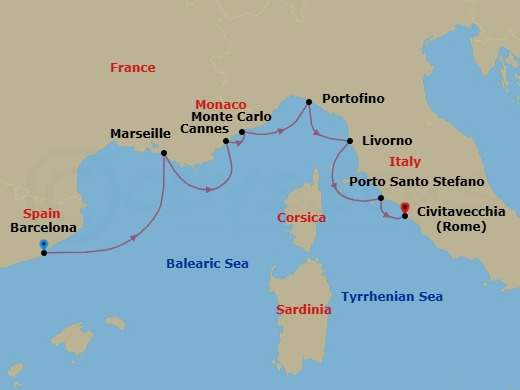8 Night - France, Monaco & Italy Cruise : Cannes, Monte Carlo & Portofino - Azamara Journey - Starting in Barcelona, Provence (Marseille), Cannes, Monte Carlo, Portofino (Santa Margherita), Florence / Pisa (Livorno), Porto Santo Stefano, Rome (Civitavecchia) itinerary map