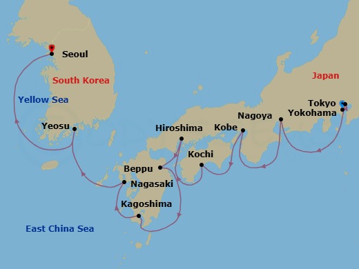 12 Night - Japan Intensive Cruise : Tokyo, Kobe & Nagasaki - Azamara Pursuit - Starting in Tokyo (Yokohama), Tokyo, Nagoya, Kobe, Kochi, Hiroshima, Beppu, Kagoshima, Nagasaki, Yeosu, Seoul (Incheon) itinerary map