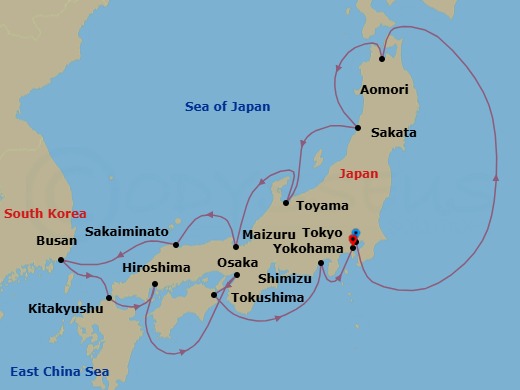 14 Night - Japan Intensive Cruise : Aomori, Hiroshima & Osaka - Azamara Pursuit - Starting in Tokyo, Aomori, Sakata, Toyama, Maizuru, Sakaiminato, Busan, Kitakyushu, Hiroshima, Osaka, Tokushima, Mount Fuji (Shimizu), Tokyo (Yokohama) itinerary map