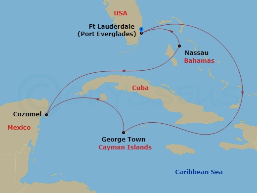 6 Night - Cayman, Mexico & Bahamas - Celebrity Beyond - Starting in Fort Lauderdale, Florida, George Town, Grand Cayman, Cozumel, Mexico, Nassau, Bahamas, Fort Lauderdale, Florida itinerary map