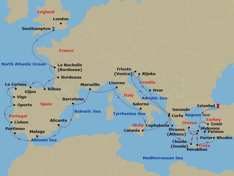 36 Night - Crowning Ancient Cultures - Oceania Sonata - Starting in London (Southampton), La Rochelle, France, Bordeaux (Pauillac), Bilbao, Gijon, Spain, La Coruna, Santiago De Compostela (Vigo), Oporto, Lisbon, Portimao, Malaga, Alicante, Barcelona, Provence (Marseille), Florence / Pisa / Tuscany (Livorno), Salerno, Catania (Sicily), Corfu, Trieste, Rijeka, Hvar, Sarande, Argostoli (Cephalonia), Chania (Crete), Mykonos, Athens (Piraeus), Paros, Heraklion (Crete), Rhodes, Patmos, Izmir, Istanbul itinerary map