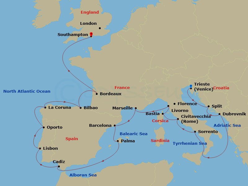 19 Night - Mediterranean Meditations - Oceania Sonata - Starting in Trieste, Split, Dubrovnik, Croatia, Sorrento / Capri, Rome (Civitavecchia), Bastia (Corsica), Florence / Pisa / Tuscany (Livorno), Provence (Marseille), Barcelona, Palma De Mallorca, Seville (Cadiz), Lisbon, Oporto, La Coruna, Bilbao, Bordeaux (Pauillac), London (Southampton) itinerary map