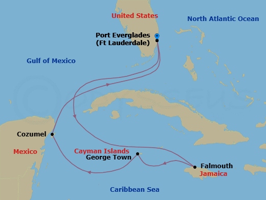 6 Night - Cayman, Mexico & Jamaica - Celebrity Beyond - Starting in Fort Lauderdale, Florida, Falmouth, Jamaica, George Town, Grand Cayman, Cozumel, Mexico, Fort Lauderdale, Florida itinerary map