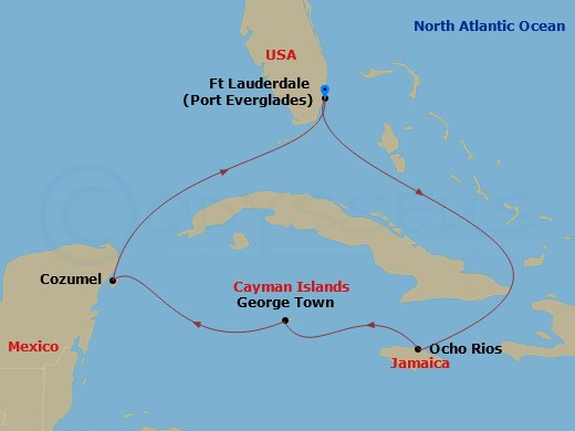 6 Night - Cayman, Mexico & Jamaica - Celebrity Beyond - Starting in Fort Lauderdale, Florida, Ocho Rios, Jamaica, George Town, Grand Cayman, Cozumel, Mexico, Fort Lauderdale, Florida itinerary map