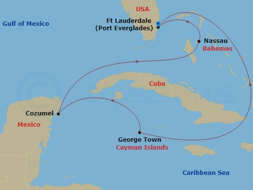 6 Night - Cayman, Mexico & Bahamas - Celebrity Beyond - Starting in Fort Lauderdale, Florida, Nassau, Bahamas, Cozumel, Mexico, George Town, Grand Cayman, Fort Lauderdale, Florida itinerary map
