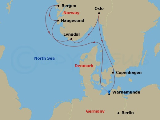 7 Night - Northern Europe - MSC Magnifica - Starting in Warnemunde (Berlin), Germany, Haugesund, Norway, Bergen, Norway, Lyngdal, Norway, Oslo, Norway, Copenhagen, Denmark, Warnemunde (Berlin), Germany itinerary map