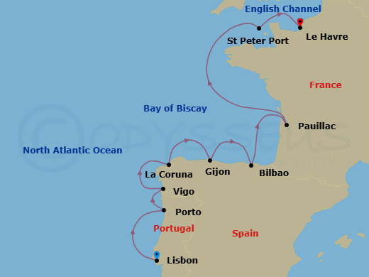 10 Night - Exotic Gaul & Iberia - Oceania Marina - Starting in Lisbon, Oporto, Santiago De Compostela (Vigo), La Coruna, Gijon, Spain, Bilbao, Bordeaux (Pauillac), St Peter Port, Guernsey, Paris (Le Havre) itinerary map