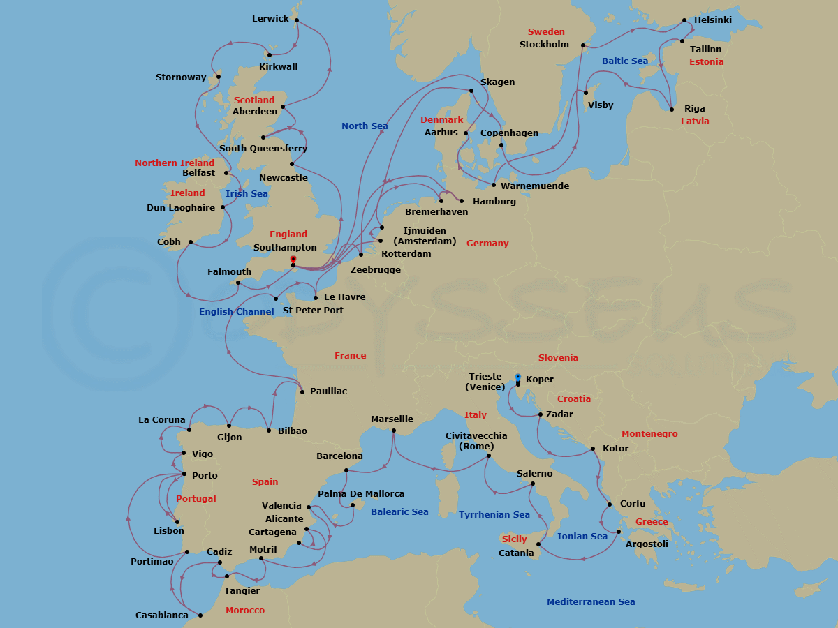 66 Night - Springing Into Summer - Oceania Marina - Starting in Trieste, Koper, Zadar, Kotor, Corfu, Argostoli (Cephalonia), Catania (Sicily), Salerno, Rome (Civitavecchia), Provence (Marseille), Barcelona, Palma De Mallorca, Valencia, Cartagena ES, Alicante, Granada (Motril), Tangier, Seville (Cadiz), Casablanca, Portimao, Oporto, Lisbon, Oporto, Santiago De Compostela (Vigo), La Coruna, Gijon, Spain, Bilbao, Bordeaux (Pauillac), St Peter Port, Guernsey, Paris (Le Havre), Rotterdam, Ijmuiden, Hamburg (Bremerhaven), Hamburg, Bruges (Zeebrugge), London (Southampton), Newcastle UK, Edinburgh (South Queensferry), Aberdeen, Lerwick (Shetland Islands), Kirkwall (Orkney Islands), Stornoway (Hebrides), Belfast, Dublin (Dun Laoghaire), Cork (Cobh), Falmouth (Cornwall), London (Southampton), Skagen, Copenhagen, Stockholm, Helsinki, Tallinn, Riga, Visby, Sweden, Berlin (Warnemunde), Aarhus, London (Southampton) itinerary map