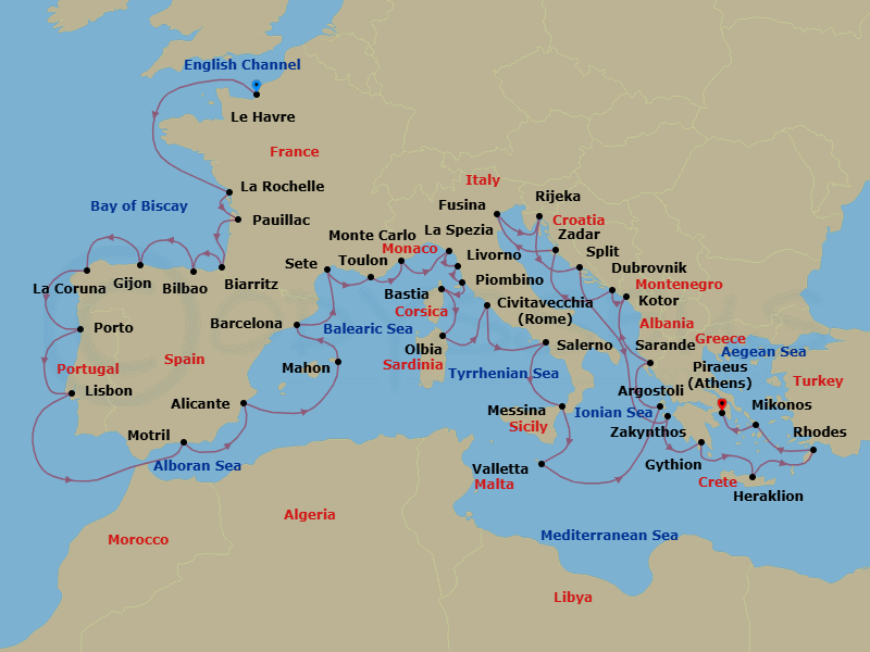 42 Night - Mediterranean Meandering - Oceania Insignia - Starting in Paris (Le Havre), La Rochelle, France, Bordeaux (Pauillac), Biarritz (Saint-Jean-De-Luz), Bilbao, Gijon, Spain, La Coruna, Oporto, Lisbon, Granada (Motril), Alicante, Mahon (Menorca), Barcelona, Sete, Toulon, Monte Carlo, Cinque Terre (La Spezia), Florence / Pisa / Tuscany (Livorno), Piombino (Tuscany), Bastia (Corsica), Olbia / Porto Cervo (Sardinia), Rome (Civitavecchia), Salerno, Messina (Sicily), Valletta, Argostoli (Cephalonia), Sarande, Kotor, Dubrovnik, Croatia, Zadar, Venice (Fusina), Rijeka, Split, Zakynthos, Gythion, Heraklion (Crete), Rhodes, Mykonos, Athens (Piraeus) itinerary map