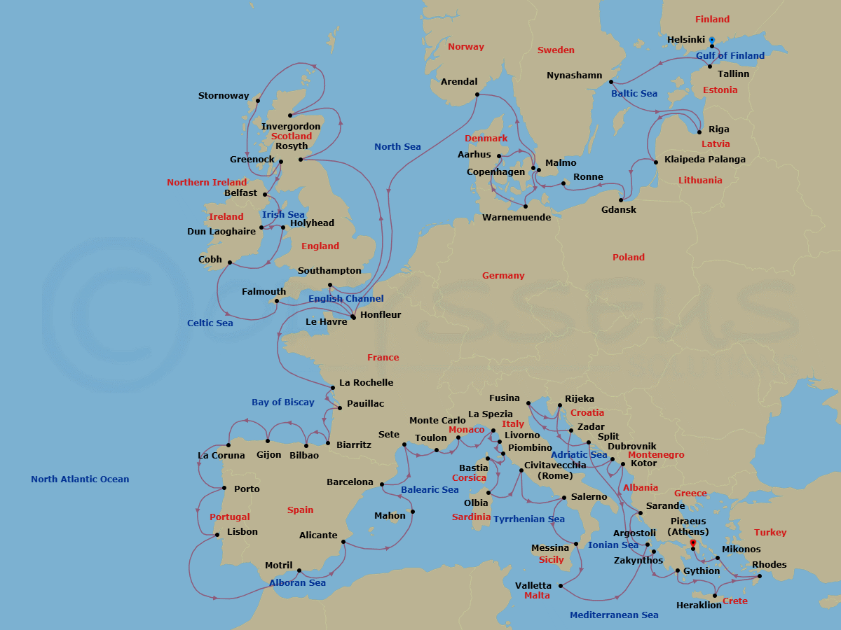 67 Night - Continental Encounters - Oceania Insignia - Starting in Helsinki, Tallinn, Stockholm (Nynashamn), Riga, Klaipeda, Gdansk, Ronne (Bornholm), Malmo, Berlin (Warnemunde), Aarhus, Copenhagen, Arendal, Paris (Honfleur), London (Southampton), Edinburgh (Rosyth), Invergordon, United Kingdom, Stornoway (Hebrides), Glasgow (Greenock), Belfast, Dublin (Dun Laoghaire), Holyhead, Cork (Cobh), Falmouth (Cornwall), Paris (Le Havre), La Rochelle, France, Bordeaux (Pauillac), Biarritz (Saint-Jean-De-Luz), Bilbao, Gijon, Spain, La Coruna, Oporto, Lisbon, Granada (Motril), Alicante, Mahon (Menorca), Barcelona, Sete, Toulon, Monte Carlo, Cinque Terre (La Spezia), Florence / Pisa / Tuscany (Livorno), Piombino (Tuscany), Bastia (Corsica), Olbia / Porto Cervo (Sardinia), Rome (Civitavecchia), Salerno, Messina (Sicily), Valletta, Argostoli (Cephalonia), Sarande, Kotor, Dubrovnik, Croatia, Zadar, Venice (Fusina), Rijeka, Split, Zakynthos, Gythion, Heraklion (Crete), Rhodes, Mykonos, Athens (Piraeus) itinerary map