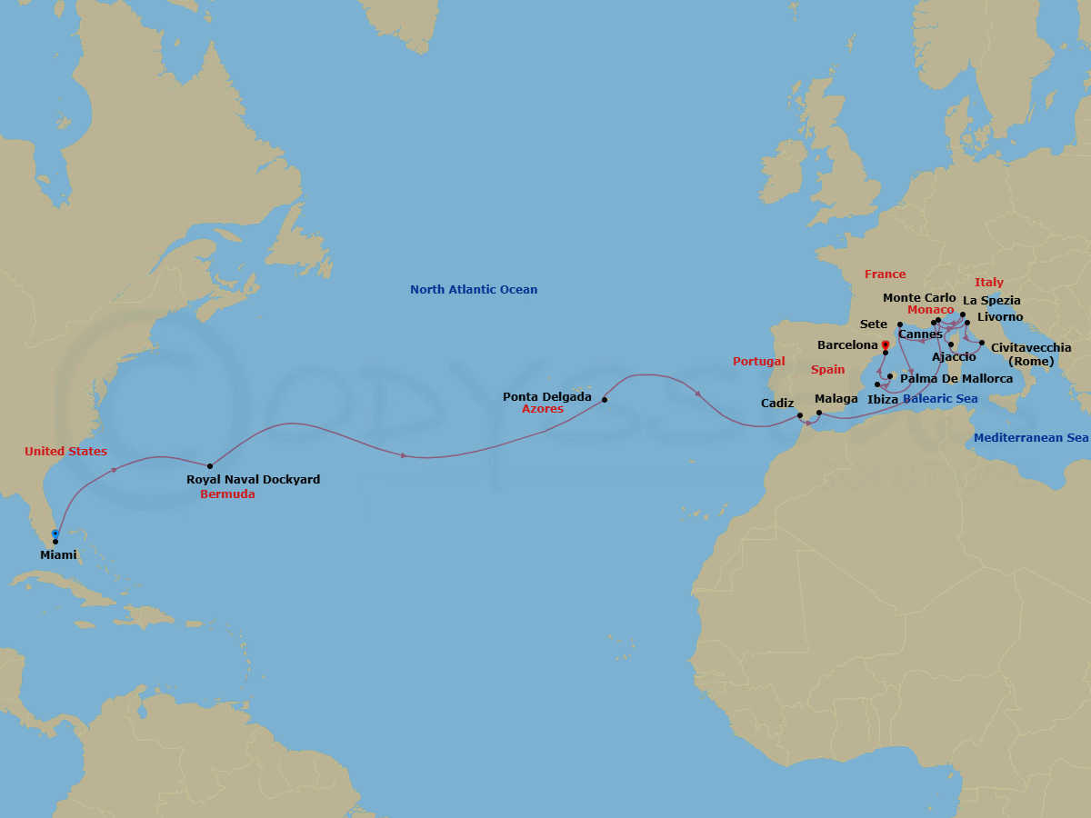 23 Night - Across the Atlantic - Oceania Marina - Starting in Miami, Royal Naval Dockyard, Ponta Delgada (Azores), Seville (Cadiz), Malaga, Cannes, Florence / Pisa / Tuscany (Livorno), Rome (Civitavecchia), Ajaccio (Corsica), Cinque Terre (La Spezia), Monte Carlo, Sete, Ibiza, Palma De Mallorca, Barcelona itinerary map