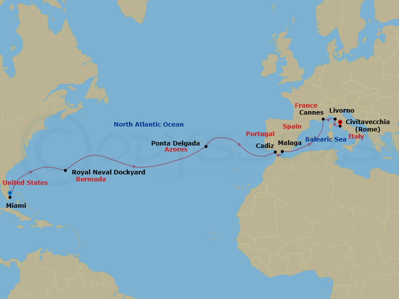 16 Night - Passage to the Past - Oceania Marina - Starting in Miami, Royal Naval Dockyard, Ponta Delgada (Azores), Seville (Cadiz), Malaga, Cannes, Florence / Pisa / Tuscany (Livorno), Rome (Civitavecchia) itinerary map