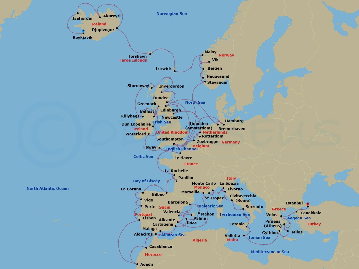 70 Night - Southerly Sojourn - Oceania Marina - Starting in Reykjavik, Isafjordur, Akureyri, Djupivogur, Torshavn, Faroe Islands, Lerwick (Shetland Islands), Maloy, Vik, Bergen, Haugesund, Stavanger, London (Southampton), Dundee, Invergordon, United Kingdom, Stornoway (Hebrides), Killybegs, Belfast, Glasgow (Greenock), Dublin (Dun Laoghaire), Waterford, Fowey, London (Southampton), Bruges (Zeebrugge), Rotterdam, Ijmuiden, Newcastle UK, Edinburgh (Newhaven), Hamburg (Bremerhaven), Hamburg, Paris (Le Havre), La Rochelle, France, Bordeaux (Pauillac), Bilbao, La Coruna, Santiago De Compostela (Vigo), Oporto, Lisbon, Agadir, Casablanca, Algeciras, Malaga, Cartagena ES, Ibiza, Mahon (Menorca), Barcelona, Valencia, Palma De Mallorca, Alicante, Provence (Marseille), Saint-Tropez, Monte Carlo, Cinque Terre (La Spezia), Florence / Pisa / Tuscany (Livorno), Rome (Civitavecchia), Sorrento / Capri, Catania (Sicily), Valletta, Gythion, Milos, Athens (Piraeus), Volos, Canakkale (Troy), Istanbul itinerary map