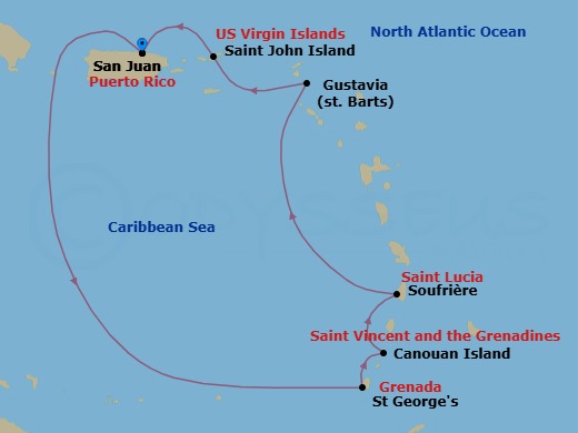 7 Night - San Juan / San Juan - Ilma - Starting in San Juan, St Georges, Canouan, Soufriere, Gustavia, St John VI, San Juan itinerary map