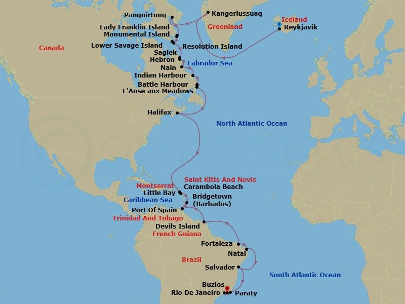 39 Night - Wild Labrador Coast, Caribbean - Tour R18 - Seabourn Venture Tours - Starting in Reykjavik, Iceland, Kangerlussuaq, Greenland, Pangnirtung, Nunavut, Canada, Lady Franklin Island, Nunavut, Canada, Monumental Island, Nunavut, Canada, Lower Savage Islands, Nunavut, Canada, Resolution Island, Nunavut, Canada, Nachvak Fiord, Torngat Mts, Labrador, Canada, Saglek Fjord, Labrador, Canada, Hebron, Labrador, Canada, Nain, Labrador, Canada, Indian Harbour, Labrador, Canada, Battle Harbour, Labrador, Canada, L Anse aux Meadows, Newfoundland, Canada, Halifax, Nova Scotia, Canada, Carambola Beach, Saint Kitts and Nevis, Little Bay, Montserrat, Rodney Bay, Saint Lucia, Bridgetown, Barbados, Port-of-Spain, Trinidad and Tobago, Devils Island, French Guiana, Crossing the Equator, Fortaleza, Brazil, Natal, Brazil, Salvador da Bahia, Brazil, Armacao dos Buzios, Brazil, Parati, Brazil, Rio De Janeiro, Brazil itinerary map