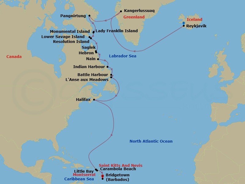 23 Night - Wild Labrador Coast & Southern - Tour R17 - Seabourn Venture Tours - Starting in Reykjavik, Iceland, Kangerlussuaq, Greenland, Pangnirtung, Nunavut, Canada, Lady Franklin Island, Nunavut, Canada, Monumental Island, Nunavut, Canada, Lower Savage Islands, Nunavut, Canada, Resolution Island, Nunavut, Canada, Nachvak Fiord, Torngat Mts, Labrador, Canada, Saglek Fjord, Labrador, Canada, Hebron, Labrador, Canada, Nain, Labrador, Canada, Indian Harbour, Labrador, Canada, Battle Harbour, Labrador, Canada, L Anse aux Meadows, Newfoundland, Canada, Halifax, Nova Scotia, Canada, Carambola Beach, Saint Kitts and Nevis, Little Bay, Montserrat, Rodney Bay, Saint Lucia, Bridgetown, Barbados itinerary map