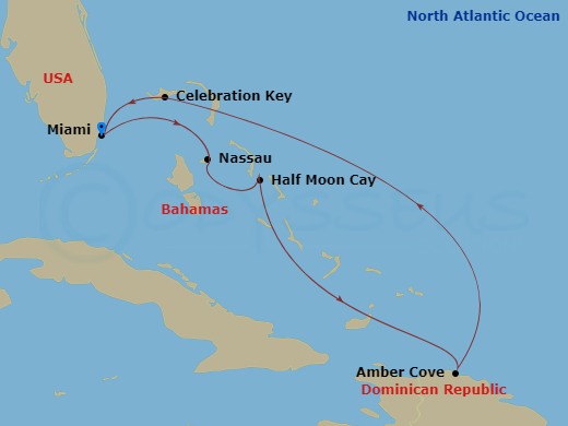 7 Night - Eastern Caribbean - Carnival Celebration - Starting in Miami, Fl, Nassau, Bahamas, Relaxaway, Half Moon Cay, Amber Cove, Dominican Republic, Celebration Key, the Bahamas, Miami, Fl itinerary map