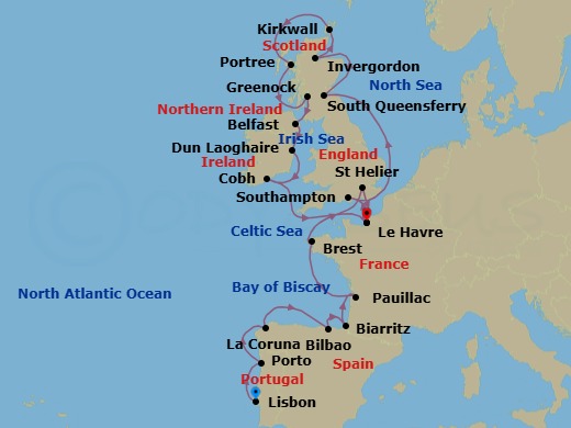 22 Night - Castles & Celtic Circles - Oceania Vista - Starting in Lisbon, Oporto, La Coruna, Bilbao, Biarritz (Saint-Jean-De-Luz), Bordeaux (Pauillac), Brest, St Helier, Jersey, Paris (Le Havre), London (Southampton), Edinburgh (South Queensferry), Invergordon, United Kingdom, Kirkwall (Orkney Islands), Portree (Isle of Skye), Glasgow (Greenock), Belfast, Dublin (Dun Laoghaire), Cork (Cobh), Paris (Le Havre) itinerary map