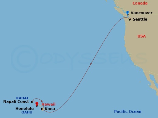 12 Night - Hawaii Cruise - Anthem of the Seas - Starting in Vancouver, British Columbia, Seattle, Washington, Kailua Kona, Hawaii, Napali Coast (Cruising), Honolulu, Oahu, Hawaii itinerary map