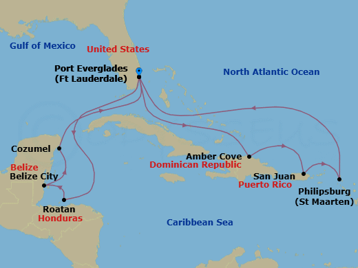 14 Night - Eastern / Western Caribbean Adventurer - Regal Princess - Starting in Fort Lauderdale, Florida, Roatan (Isla Tropicale), Honduras, Belize City, Belize, Cozumel, Mexico, Fort Lauderdale, Florida, Amber Cove, Dominican Republic, San Juan, Puerto Rico, St Maarten, Fort Lauderdale, Florida itinerary map