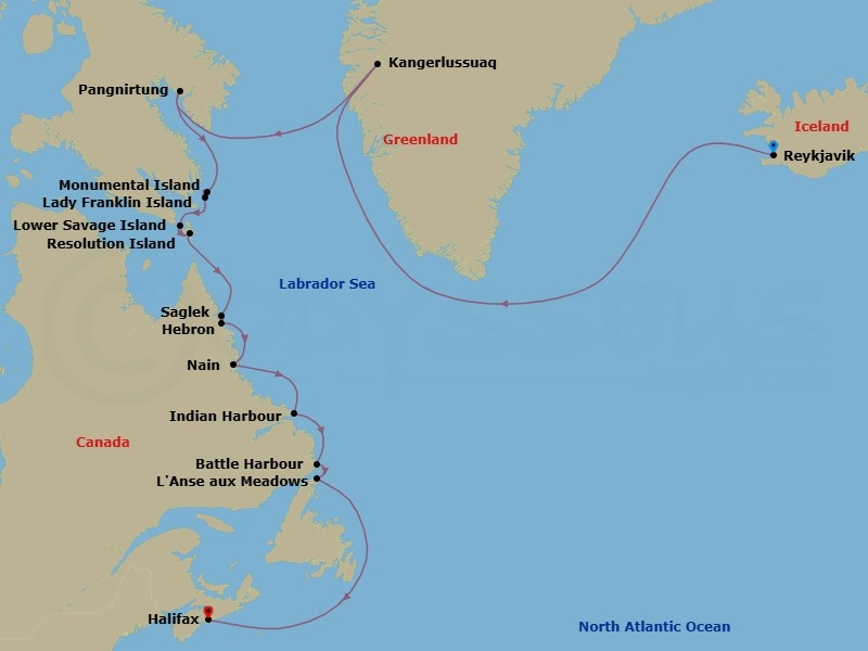 15 Night - Wild Labrador Coast : Missions, - Tour R83 - Seabourn Venture Tours - Starting in Reykjavik, Iceland, Kangerlussuaq, Greenland, Pangnirtung, Nunavut, Canada, Lady Franklin Island, Nunavut, Canada, Monumental Island, Nunavut, Canada, Lower Savage Islands, Nunavut, Canada, Resolution Island, Nunavut, Canada, Nachvak Fiord, Torngat Mts, Labrador, Canada, Saglek Fjord, Labrador, Canada, Hebron, Labrador, Canada, Nain, Labrador, Canada, Indian Harbour, Labrador, Canada, Battle Harbour, Labrador, Canada, L Anse aux Meadows, Newfoundland, Canada, Halifax, Nova Scotia, Canada itinerary map