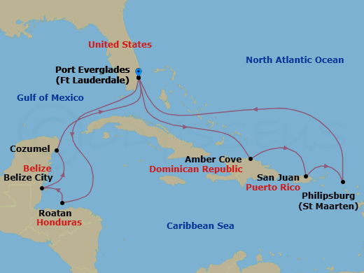 14 Night - Eastern / Western Caribbean Adventurer - Regal Princess - Starting in Fort Lauderdale, Florida, Amber Cove, Dominican Republic, San Juan, Puerto Rico, St Maarten, Fort Lauderdale, Florida, Roatan (Isla Tropicale), Honduras, Belize City, Belize, Cozumel, Mexico, Fort Lauderdale, Florida itinerary map