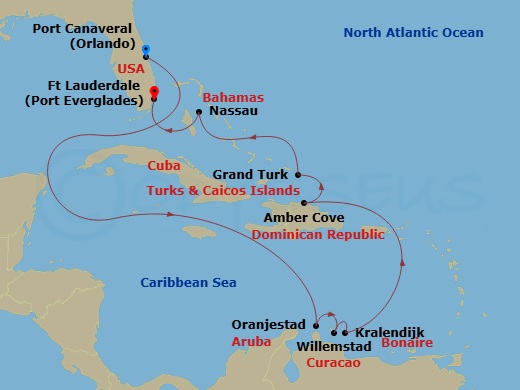 12 Night - Southern Caribbean Islander - Caribbean Princess - Starting in Port Canaveral (Orlando), Florida, Aruba, Curacao, Bonaire, Caribbean Netherlands, Amber Cove, Dominican Republic, Grand Turk, Turks and Caicos, Nassau, Bahamas, Fort Lauderdale, Florida itinerary map