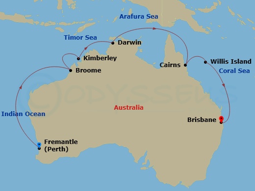 15 Night - Northern Explorer - Grand Princess - Starting in Perth (Fremantle), Australia, Broome, Australia, Yampi Sound (Scenic Cruising), Kimberley Coast (Scenic Cruising), Australia, Darwin, Australia, Cairns, Australia, Willis Island, Australia, Brisbane, Australia itinerary map