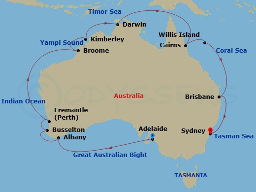 22 Night - Round Australia - Grand Princess - Starting in Adelaide, Australia, Albany AU, Margaret River (Busselton), Australia, Perth (Fremantle), Australia, Broome, Australia, Yampi Sound (Scenic Cruising), Kimberley Coast (Scenic Cruising), Australia, Darwin, Australia, Cairns, Australia, Willis Island, Australia, Brisbane, Australia, Sydney AU itinerary map