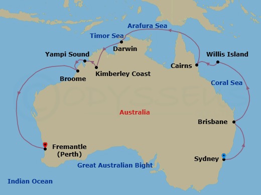17 Night - Northern Explorer - Grand Princess - Starting in Sydney AU, Brisbane, Australia, Willis Island, Australia, Cairns, Australia, Darwin, Australia, Kimberley Coast (Scenic Cruising), Australia, Yampi Sound (Scenic Cruising), Broome, Australia, Perth (Fremantle), Australia itinerary map