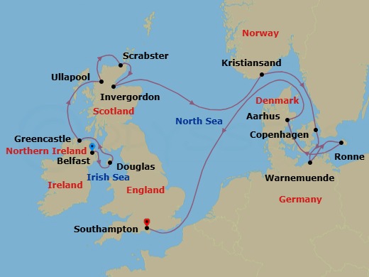15 Night - Eclipse Across Belfast Skies - Oceania Vista - Starting in Belfast, Douglas, Greencastle, Ullapool, Scrabster, Invergordon, United Kingdom, Kristiansand, Copenhagen, Berlin (Warnemunde), Ronne (Bornholm), Aarhus, London (Southampton) itinerary map