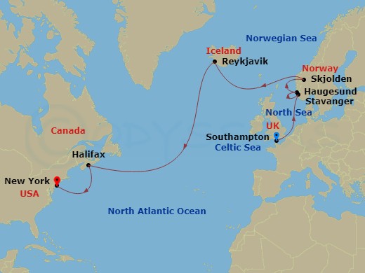 14 Night - Fire & Ice Explorer - Majestic Princess - Starting in Southampton (for London), England, Stavanger, Norway, Haugesund, Norway, Skjolden / Sognefjord, Norway, Reykjavik, Iceland, Halifax, Canada, New York City (Manhattan or Brooklyn), New York itinerary map
