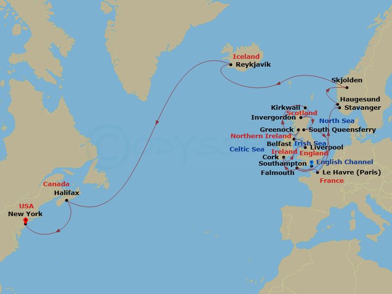 26 Night - Fire, Ice & British Isles Grand Adventure - Majestic Princess - Starting in Southampton (for London), England, Cornwall (Falmouth), England, Cork, Ireland (Cobh / for Blarney Castle), Liverpool, England, Belfast, Northern Ireland, Glasgow (Greenock), Scotland, Orkney Islands (Kirkwall), Scotland, Invergordon, Scotland, Edinburgh (South Queensferry), Scotland, Le Havre (for Paris / Normandy), France, Southampton (for London), England, Stavanger, Norway, Haugesund, Norway, Skjolden / Sognefjord, Norway, Reykjavik, Iceland, Halifax, Canada, New York City (Manhattan or Brooklyn), New York itinerary map