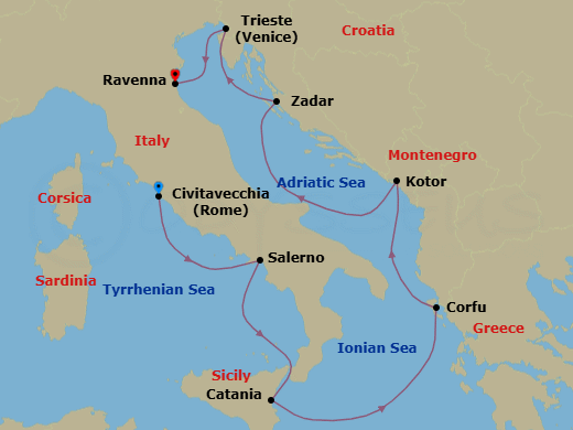 7 Night - Eastern Mediterranean - Norwegian Gem - Starting in Civitavecchia Rome, Italy, Amalfi Coast (Salerno), Italy, Catania, Italy, Corfu, Greece, Kotor, Montenegro, Zadar, Croatia, Venice (Trieste), Italy, Venice (Ravenna), Italy itinerary map