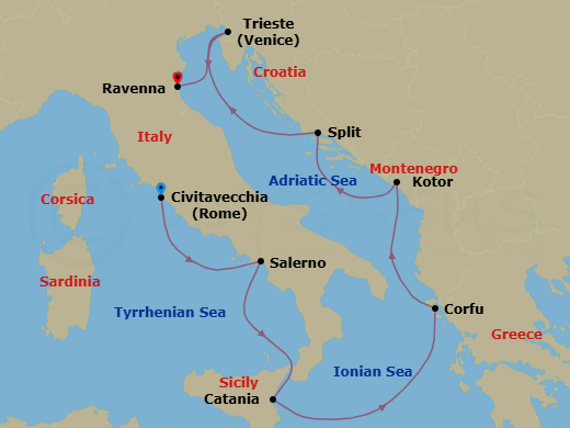 7 Night - Eastern Mediterranean - Norwegian Gem - Starting in Civitavecchia Rome, Italy, Amalfi Coast (Salerno), Italy, Catania, Italy, Corfu, Greece, Kotor, Montenegro, Split, Croatia, Venice (Trieste), Italy, Venice (Ravenna), Italy itinerary map