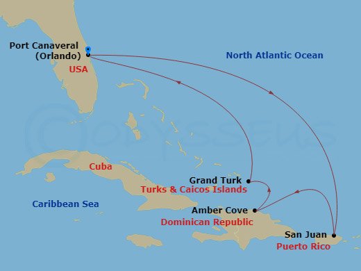 7 Night - Eastern Caribbean with Puerto Rico - Caribbean Princess - Starting in Port Canaveral (Orlando), Florida, San Juan, Puerto Rico, Amber Cove, Dominican Republic, Grand Turk, Turks and Caicos, Port Canaveral (Orlando), Florida itinerary map