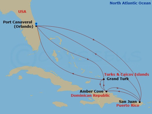 14 Night - Eastern Caribbean Adventurer - Caribbean Princess - Starting in Port Canaveral (Orlando), Florida, Grand Turk, Turks and Caicos, Amber Cove, Dominican Republic, San Juan, Puerto Rico, Port Canaveral (Orlando), Florida, San Juan, Puerto Rico, Amber Cove, Dominican Republic, Grand Turk, Turks and Caicos, Port Canaveral (Orlando), Florida itinerary map