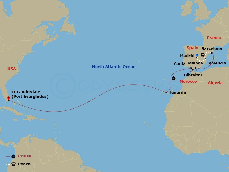21 Night - Highlights of Spain - Tour 2D - Sun Princess Tours - Starting in Madrid, Spain, Valencia, Spain, Barcelona, Spain, Malaga, Spain, Gibraltar, Seville (Cadiz), Spain, Santa Cruz de Tenerife, Fort Lauderdale, Florida itinerary map