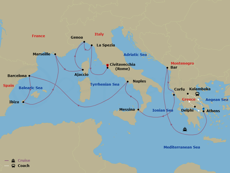 17 Night - Best of Greece - Tour 5B - Sun Princess Tours - Starting in Athens (Piraeus), Greece, Delphi, Greece, Kalambaka, Greece, Athens (Piraeus), Greece, Montenegro, Corfu, Greece, Sicily (Messina), Italy, Naples, Italy (for Capri and Pompeii), Barcelona, Spain, Ibiza, Spain, Marseille (Provence), France, Corsica (Ajaccio), France, Genoa (for Cinque Terre), Italy, La Spezia (for Florence / Pisa), Italy, Civitavecchia (for Rome), Italy itinerary map