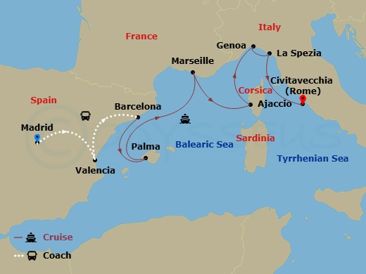 13 Night - Highlights of Spain - Tour 2A - Sun Princess Tours - Starting in Madrid, Spain, Valencia, Spain, Barcelona, Spain, Mallorca (Palma), Spain, Marseille (Provence), France, Corsica (Ajaccio), France, Genoa (for Cinque Terre), Italy, La Spezia (for Florence / Pisa), Italy, Civitavecchia (for Rome), Italy itinerary map