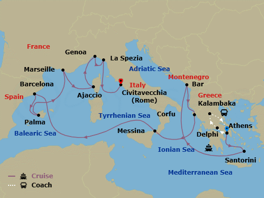 17 Night - Best of Greece - Tour 5B - Sun Princess Tours - Starting in Athens (Piraeus), Greece, Delphi, Greece, Kalambaka, Greece, Athens (Piraeus), Greece, Santorini, Greece, Montenegro, Corfu, Greece, Sicily (Messina), Italy, Barcelona, Spain, Mallorca (Palma), Spain, Marseille (Provence), France, Corsica (Ajaccio), France, Genoa (for Cinque Terre), Italy, La Spezia (for Florence / Pisa), Italy, Civitavecchia (for Rome), Italy itinerary map
