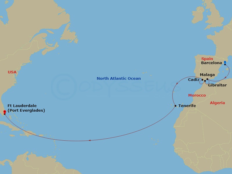 15 Night - Western Europe Passage - Sun Princess - Starting in Barcelona, Spain, Malaga, Spain, Gibraltar, Seville (Cadiz), Spain, Santa Cruz de Tenerife, Fort Lauderdale, Florida itinerary map