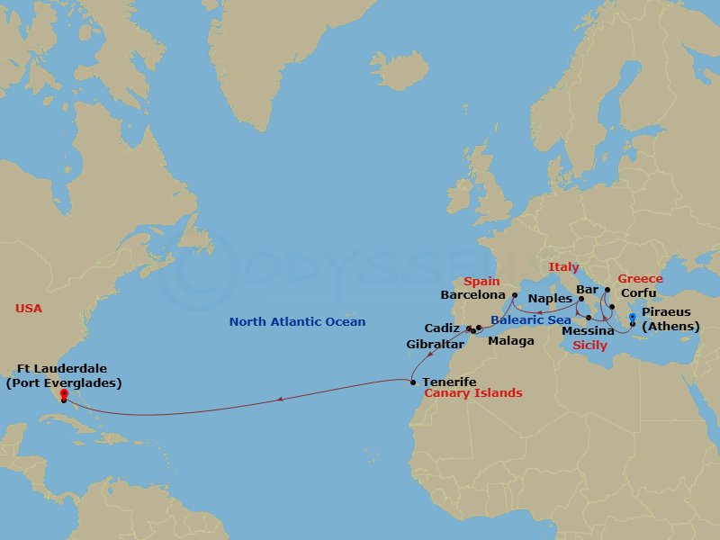 22 Night - Western Mediterranean Grand Adventure - Sun Princess - Starting in Athens (Piraeus), Greece, Montenegro, Corfu, Greece, Sicily (Messina), Italy, Naples, Italy (for Capri and Pompeii), Barcelona, Spain, Malaga, Spain, Gibraltar, Seville (Cadiz), Spain, Santa Cruz de Tenerife, Fort Lauderdale, Florida itinerary map