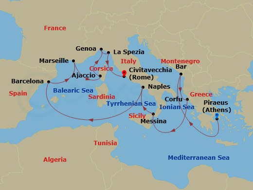 14 Night - Western Mediterranean with Greece & Italy - Sun Princess - Starting in Athens (Piraeus), Greece, Montenegro, Corfu, Greece, Sicily (Messina), Italy, Naples, Italy (for Capri and Pompeii), Barcelona, Spain, Ibiza, Spain, Marseille (Provence), France, Corsica (Ajaccio), France, Genoa (for Cinque Terre), Italy, La Spezia (for Florence / Pisa), Italy, Civitavecchia (for Rome), Italy itinerary map