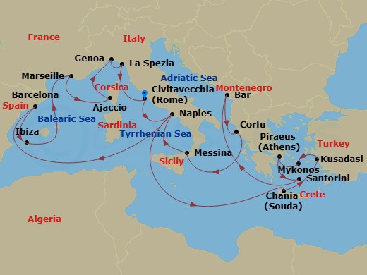 21 Night - The Best of the Mediterranean - Sun Princess - Starting in Civitavecchia (for Rome), Italy, Naples, Italy (for Capri and Pompeii), Crete (Chania), Greece, Kusadasi, Turkey (for Ephesus), Mykonos, Greece, Athens (Piraeus), Greece, Montenegro, Corfu, Greece, Sicily (Messina), Italy, Naples, Italy (for Capri and Pompeii), Barcelona, Spain, Ibiza, Spain, Marseille (Provence), France, Corsica (Ajaccio), France, Genoa (for Cinque Terre), Italy, La Spezia (for Florence / Pisa), Italy, Civitavecchia (for Rome), Italy itinerary map