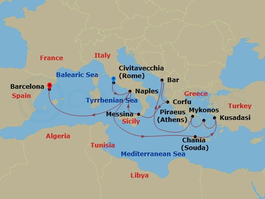 14 Night - Mediterranean with Greece, Turkey, & Adriatic - Sun Princess - Starting in Civitavecchia (for Rome), Italy, Naples, Italy (for Capri and Pompeii), Crete (Chania), Greece, Kusadasi, Turkey (for Ephesus), Mykonos, Greece, Athens (Piraeus), Greece, Montenegro, Corfu, Greece, Sicily (Messina), Italy, Naples, Italy (for Capri and Pompeii), Barcelona, Spain itinerary map