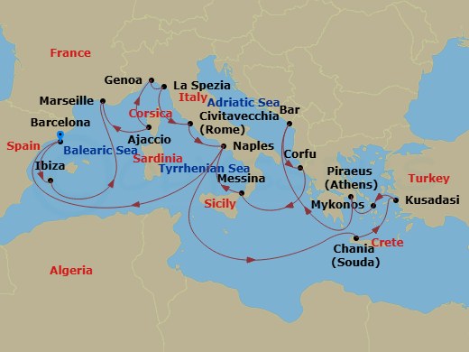 21 Night - The Best of the Mediterranean - Sun Princess - Starting in Barcelona, Spain, Ibiza, Spain, Marseille (Provence), France, Corsica (Ajaccio), France, Genoa (for Cinque Terre), Italy, La Spezia (for Florence / Pisa), Italy, Civitavecchia (for Rome), Italy, Naples, Italy (for Capri and Pompeii), Crete (Chania), Greece, Kusadasi, Turkey (for Ephesus), Mykonos, Greece, Athens (Piraeus), Greece, Montenegro, Corfu, Greece, Sicily (Messina), Italy, Naples, Italy (for Capri and Pompeii), Barcelona, Spain itinerary map